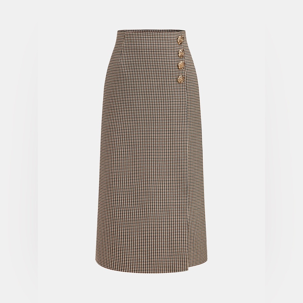 Commense Brown Houndstooth Midi Skirt with Gold Buttons